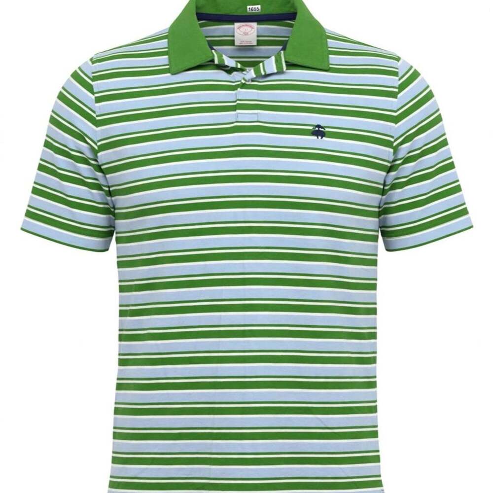 Brooks Brothers 346 Polo Shirt Mens L Green Blue White Stripe Pima Cotton